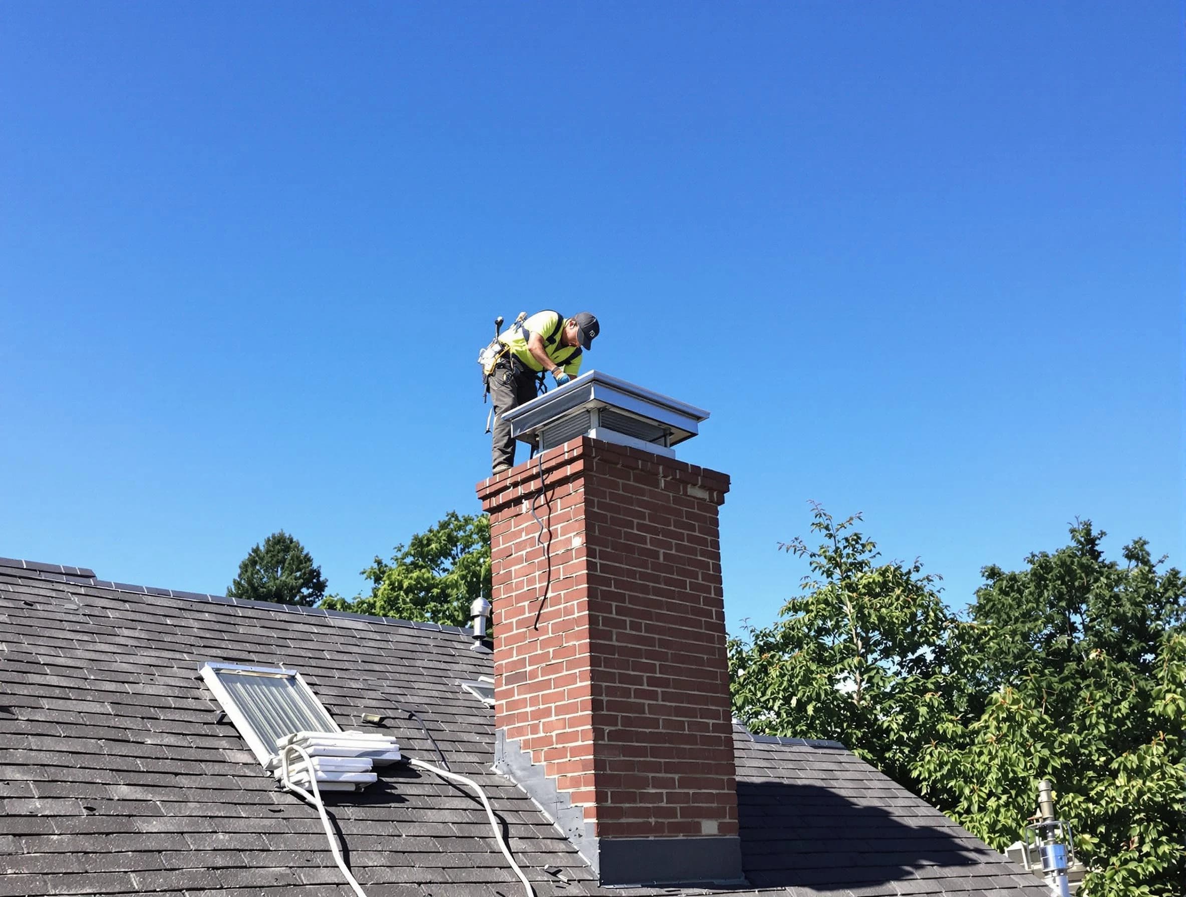 Wayne Chimney Sweep technician measuring a chimney cap in Wayne, NJ